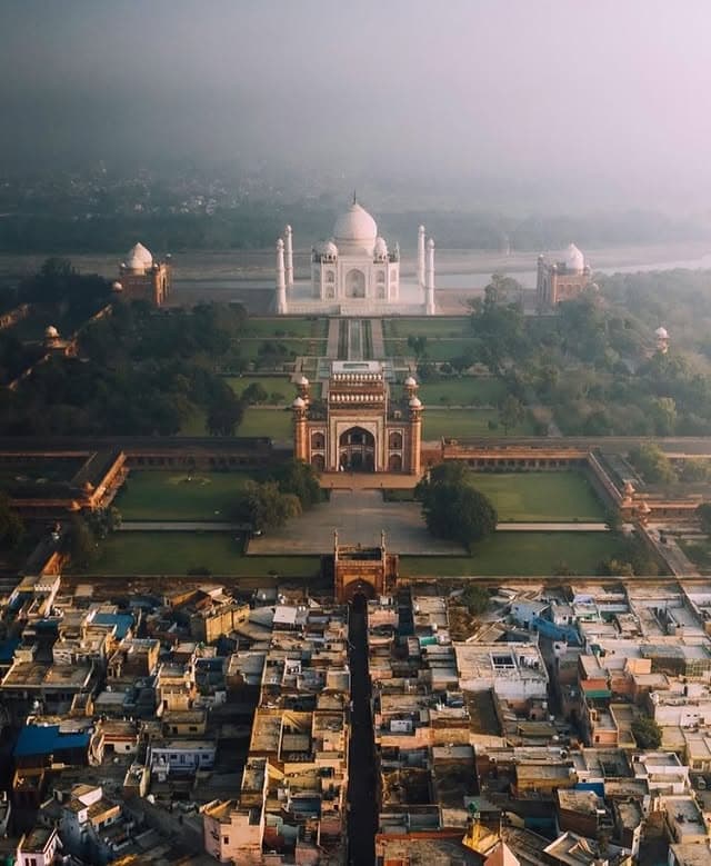 Aerial view of the Taj Mahal complex and Agra city, India